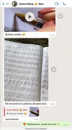 Traducción al español del mensaje de una estudiante mostrando sus ejercicios