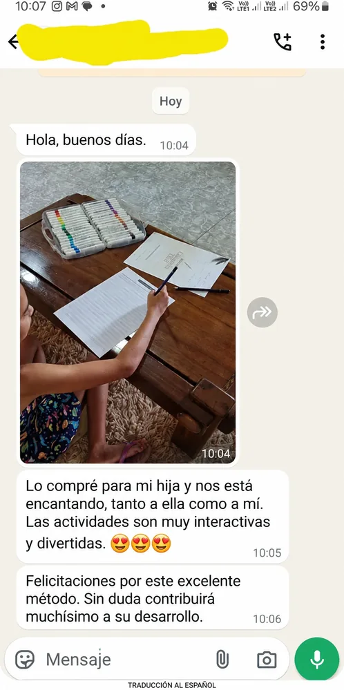 Traducción al español del mensaje de una madre que practica con su hija